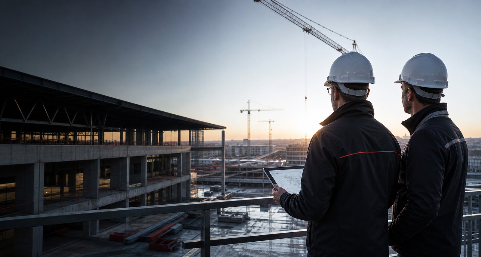 Deux responsables techniques supervisent un chantier de grande envergure.
